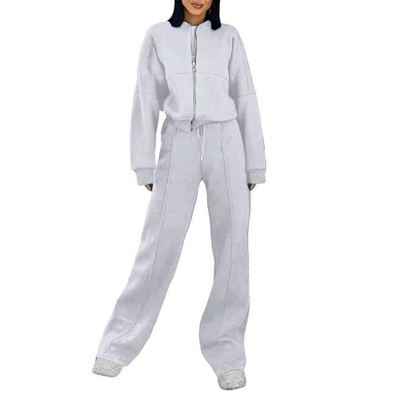 GILIGEGE Two Piece Sets for Women A Two Piece Set Of Women's Trendy Sweatshirt Jacket with Zipper Slim Fit Long Sleeves and Long Pants Grey S