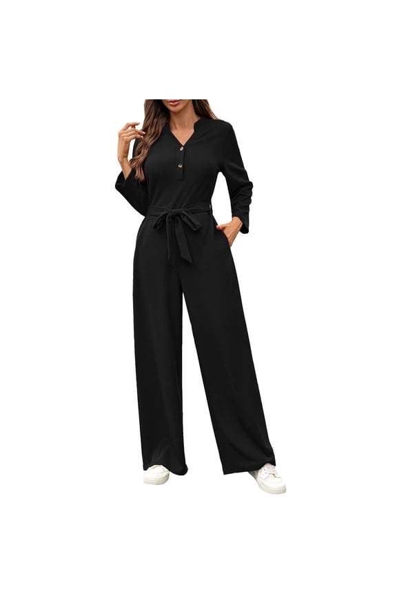 Two Piece Sets for Women Ladies' 2025 Spring/Summer Fashion Casual Solid Color High Waist Lace Button Long Sleeve Loose Jumpsuit Set Black M