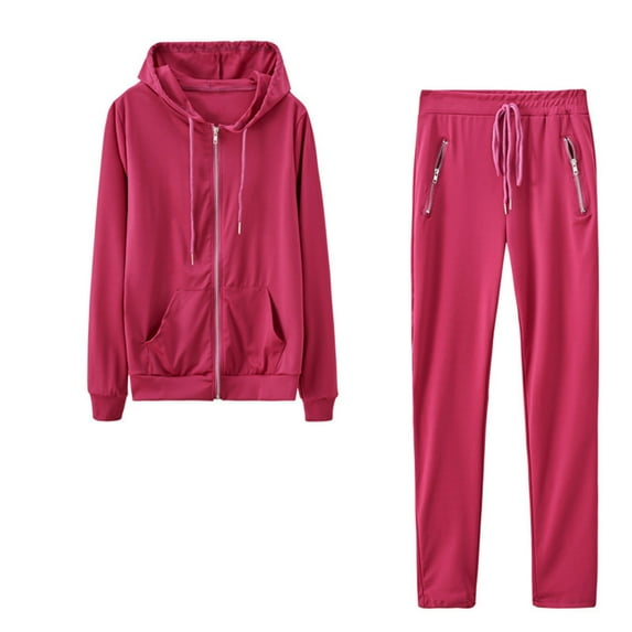 GILIGEGE Two Piece Sets for Women Ladies Zip Hooded Two Piece Activewear Long Sleeve Top and Casual Pants Set Hot Pink Xl