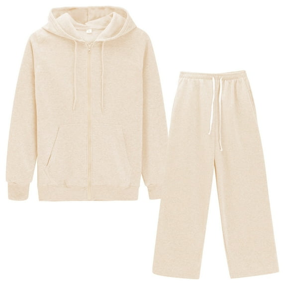 GILIGEGE Two Piece Sets for Women Pant Color Sport Suit Women Solid and Sweatshirt Hooded Women Suits Sets Beige L