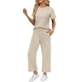 thumbnail image 1 of GILIGEGE Two Piece Sets for Women Summer 2 Piece Sets for Women Casual Summer Travel Vacation Outfits Short Sleeve Wide Leg Crop Pants Sets Beige L, 1 of 4