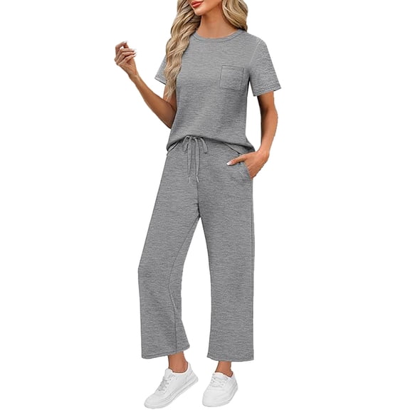 GILIGEGE Two Piece Sets for Women Summer 2 Piece Sets for Women Casual Summer Travel Vacation Outfits Short Sleeve Wide Leg Crop Pants Sets Grey S