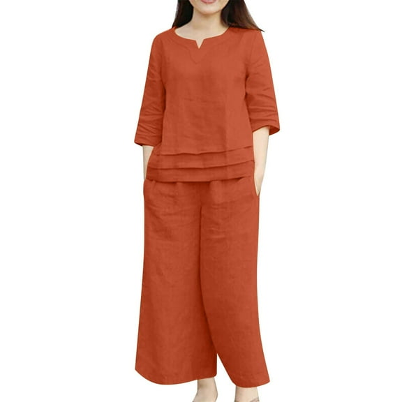 GILIGEGE Two Piece Sets for Women Summer Cotton Linen Set for Women 2 Piece Casual Outfits Short Sleeve Notched Neck Tops and Wide Leg Pants Sets A M