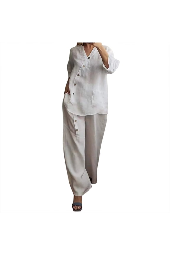 Two Piece Sets for Women Summer Cotton Linen Sets for Womens 2 Piece Set Casual V Neck 3/4 Sleeve Blouses and Wide Leg Pants White M