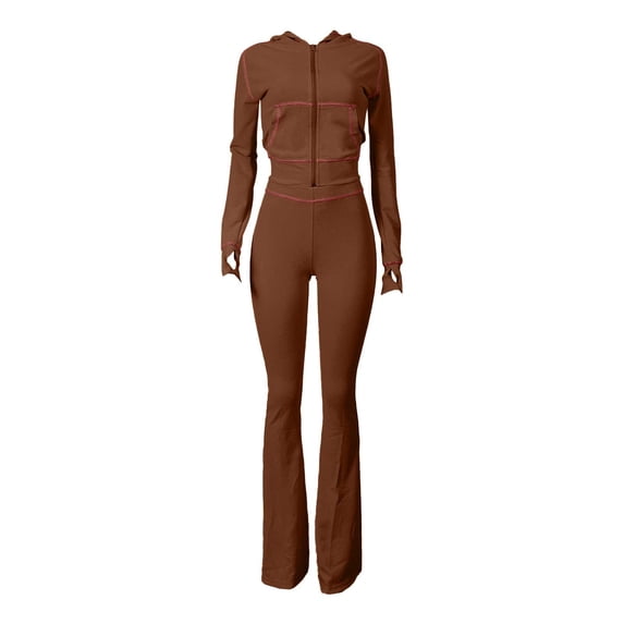 GILIGEGE Two Piece Sets for Women Women's 2 Piece Outfits Fall Long Sleeve Zipper Hoodie Jacket and Flared Leggings Workout Sets Sweatsuit Brown S