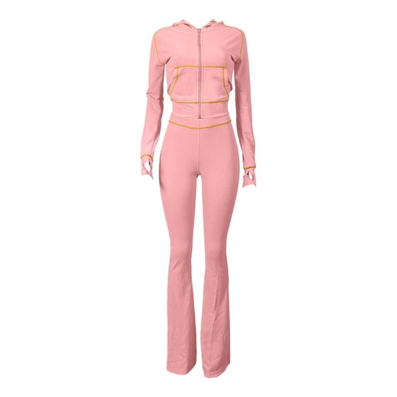 GILIGEGE Two Piece Sets for Women Women's 2 Piece Outfits Fall Long Sleeve Zipper Hoodie Jacket and Flared Leggings Workout Sets Sweatsuit Pink L