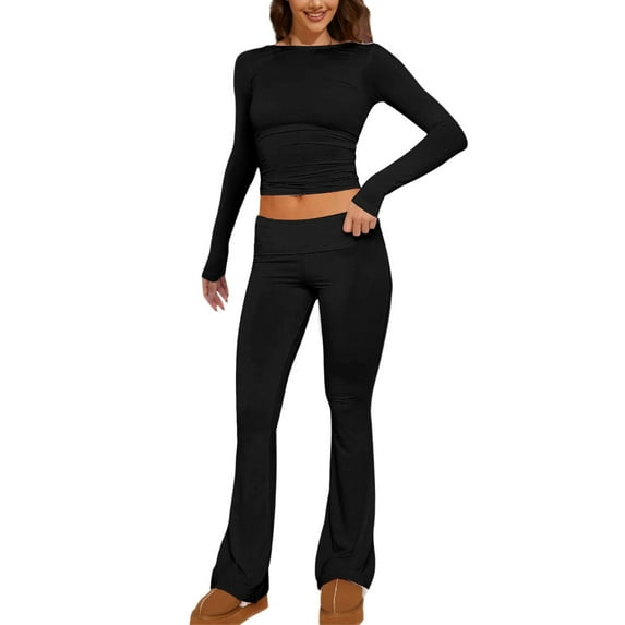 GILIGEGE Two Piece Sets for Women Women's 2 Sets Fold Over Flare Pants Set Long Sleeve Cropped Top Casual Outfits Pajamas Black S
