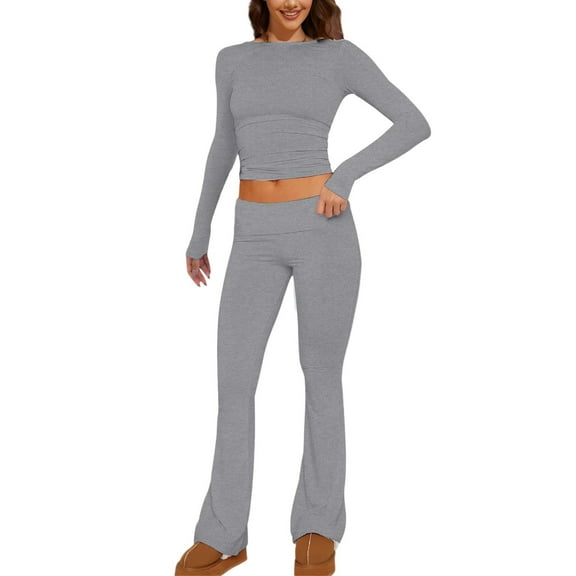 GILIGEGE Two Piece Sets for Women Women's 2 Sets Fold Over Flare Pants Set Long Sleeve Cropped Top Casual Outfits Pajamas Grey Xl