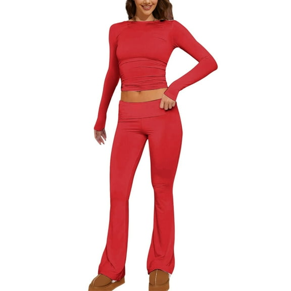 GILIGEGE Two Piece Sets for Women Women's 2 Sets Fold Over Flare Pants Set Long Sleeve Cropped Top Casual Outfits Pajamas Red Xxl