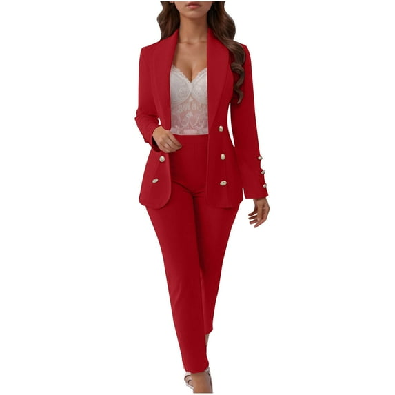 GILIGEGE Two Piece Sets for Women Women's Autumn Winter Solid Color Buttoned Slim Fit Cardigan Suit Jacket Suit Pants Two Piece Set Rd1 M