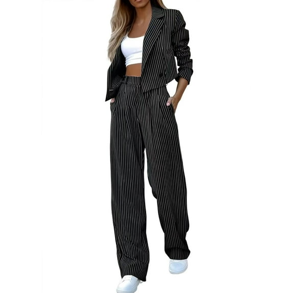 GILIGEGE Two Piece Sets for Women Women's Collar Striped Suit Set Short Suit Top Loose Casual Pants Set Black L