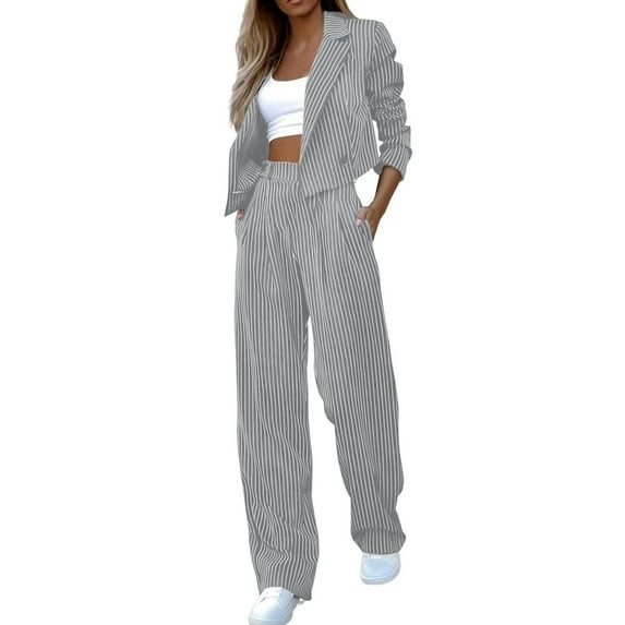 GILIGEGE Two Piece Sets for Women Women's Collar Striped Suit Set Short Suit Top Loose Casual Pants Set Grey Xxl
