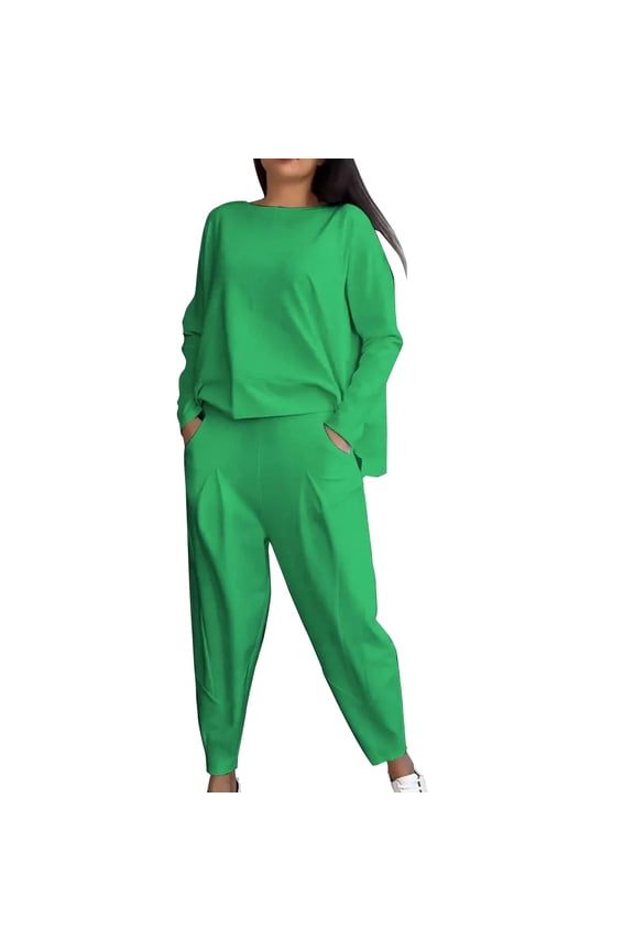 Two Piece Sets for Women Women's Solid Color Casual Two Trouser Suit with Small Feet Round Neck and Long Sleeves Green M