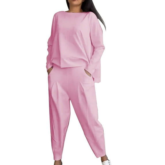 GILIGEGE Two Piece Sets for Women Women's Solid Color Casual Two Trouser Suit with Small Feet Round Neck and Long Sleeves Pink 3Xl