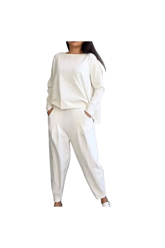 Two Piece Sets for Women Women's Solid Color Casual Two Trouser Suit with Small Feet Round Neck and Long Sleeves White Xxl