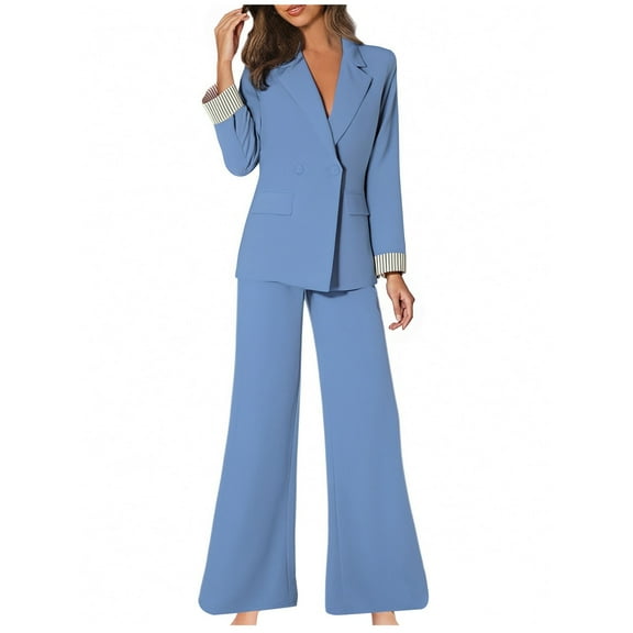 GILIGEGE Two Piece Sets for Women Women's Spring Solid Color with Pockets Color Blocked Cuffs Wide Leg Pants Loose Casual Pants Suit Set Blue M