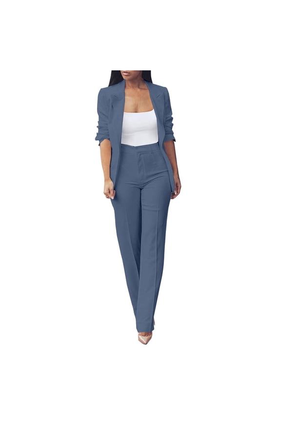 Two Piece Sets for Women Womens Fall Fashion 2 Piece Sets Open Front and Slim Fit Pants Suits Set Light Blue L