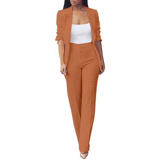 GILIGEGE Two Piece Sets for Women Womens Fall Fashion 2 Piece Sets Open Front and Slim Fit Pants Suits Set Orange M