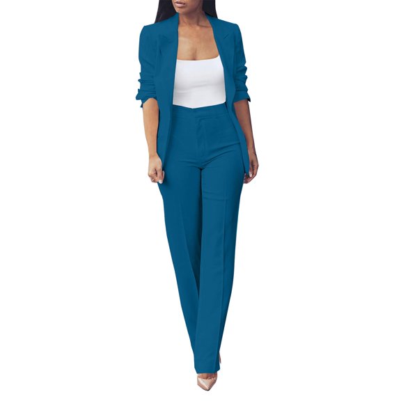 GILIGEGE Two Piece Sets for Women Womens Fall Fashion 2 Piece Sets Open Front and Slim Fit Pants Suits Set Sky Blue Xl
