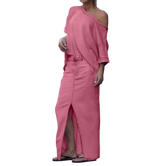 GILIGEGE Two Piece Skirt Sets for Women Women's Round Neck Casual Suit Fashionable Round Neck Top Slit Skirt Two Piece Casual Suit Summer Vacation Outfits Long Skirt Off Shoulder Top Lounge Sets