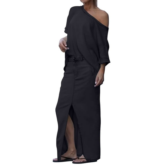 GILIGEGE Two Piece Skirt Sets for Women Women's Round Neck Casual Suit Fashionable Round Neck Top Slit Skirt Two Piece Casual Suit Summer Vacation Outfits Long Skirt Off Shoulder Top Lounge Sets