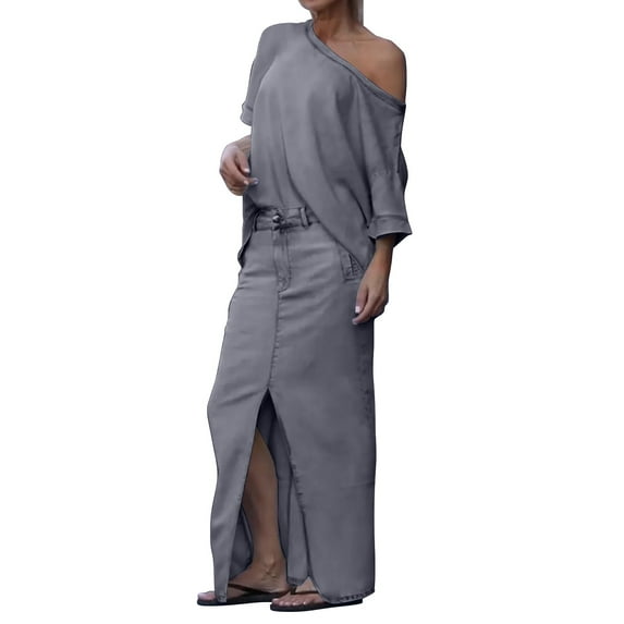 GILIGEGE Two Piece Skirt Sets for Women Women's Round Neck Casual Suit Fashionable Round Neck Top Slit Skirt Two Piece Casual Suit Summer Vacation Outfits Long Skirt Off Shoulder Top Lounge Sets