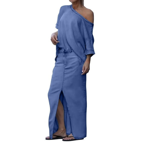 GILIGEGE Two Piece Skirt Sets for Women Women's Round Neck Casual Suit Fashionable Round Neck Top Slit Skirt Two Piece Casual Suit Summer Vacation Outfits Long Skirt Off Shoulder Top Lounge Sets
