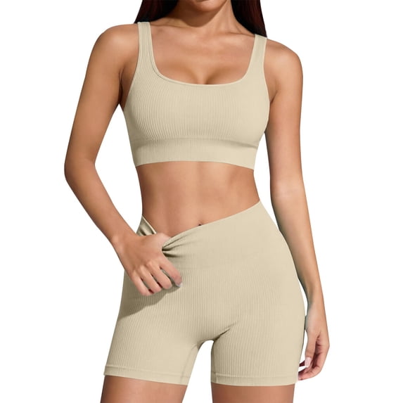 GILIGEGE Two Piece Workout Sets for Women Ribbed Tank Crop Tops Seamless High Waist Booty Biker Shorts Athletic 2 Piece Summer Outfits Seamless Yoga Outfits Lounge Matching Gym Clothing Set Beige