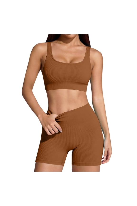 Two Piece Workout Sets for Women Ribbed Tank Crop Tops Seamless High Waist Booty Biker Shorts Athletic 2 Piece Summer Outfits Seamless Yoga Outfits Lounge Matching Gym Clothing Set Coffee