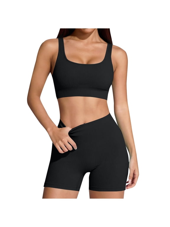 Two Piece Workout Sets for Women Ribbed Tank Crop Tops Seamless High Waist Booty Biker Shorts Athletic 2 Piece Summer Outfits Seamless Yoga Outfits Lounge Matching Gym Clothing Set Black