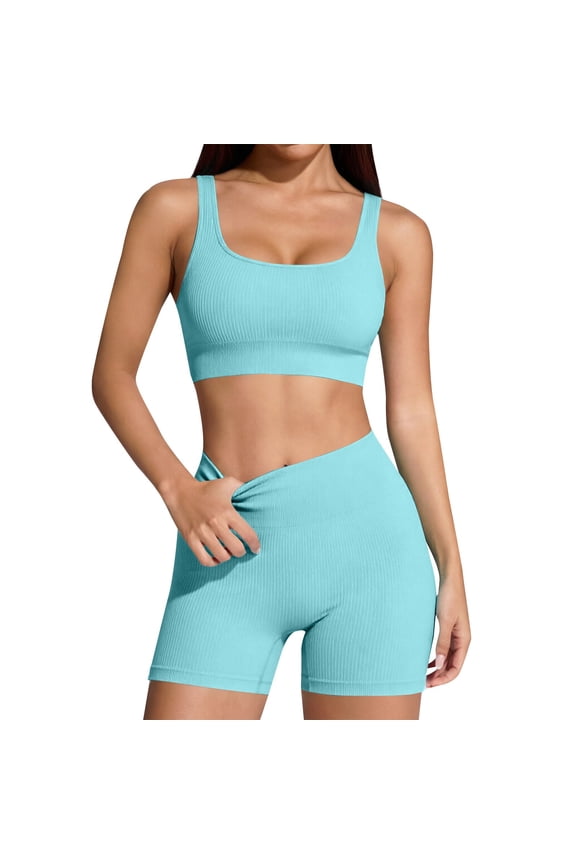 Two Piece Workout Sets for Women Ribbed Tank Crop Tops Seamless High Waist Booty Biker Shorts Athletic Summer Outfits Seamless Yoga Outfits Lounge Matching Gym Clothing Set Light Blue