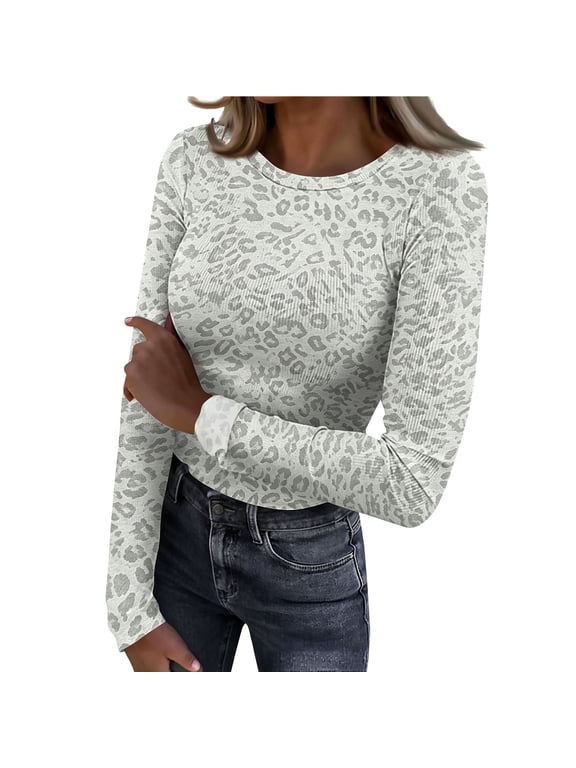 Underscrub Long Sleeve Women Comfy Knit Tops Funny Graphic Pattern Shirts Casual Crew Neck Shirt Trendy Cheetah Print Slim Blouse Fall Winter Soft Under Tops For Daily Wear Beige S