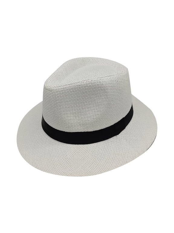 Unisex Classic Fedora Trilby Hat, Structured Stylish Cap, Summer Light Straw Panama Hat, Wide Brim UV Protection Sun Hat, Foldable Rollable Design, Casual Derby Hat for Beach Outdoor White