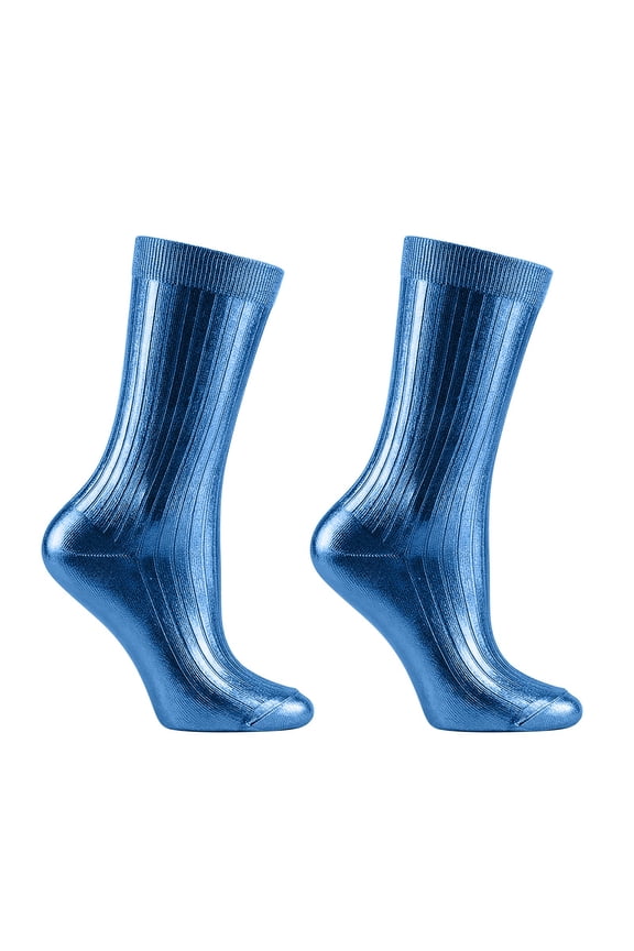 Unisex Metallic Silk Socks, Elegant Shiny Foil Glitter Ribbed Socks, Soft Comfortable Rib Fit Socks, Stylish Sparkly Dress Socks, All-Season Wear Lightweight Socks, Fashion Socks Blue