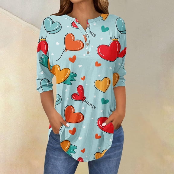 GILIGEGE Valentine Shirts for Women 2026 Womens Long Sleeve V Neck Warm Henley Shirts Color Block Printed Button Down Tunic Tops Dressy Casual Winter Tops,Curvy Hem Three Quarter Sleeve Tops