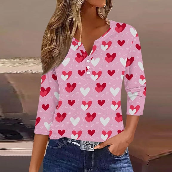 GILIGEGE Valentines Shirts for Women 3/4 Sleeve Henley V Neck Tunic Tops Holiday Party Plus Size Blouses Heart Graphic Tees,Womens Pullover 3/4 Length Sleeve Tops Pink Cute T Shirts for Women