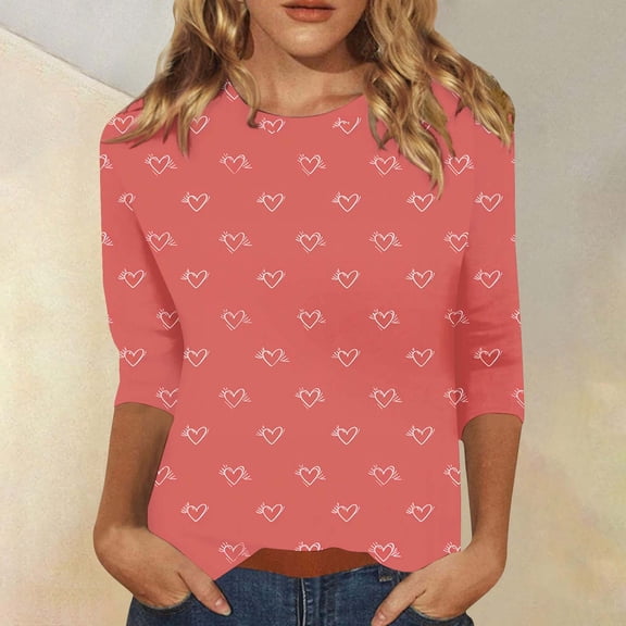 GILIGEGE Valentines Shirts for Women Dressy 3/4 Sleeve Tops Casual Cute Love Heart Print Crewneck T Shirts Loose Holiday Outfits 2026 Valentines Day Gifts Red S