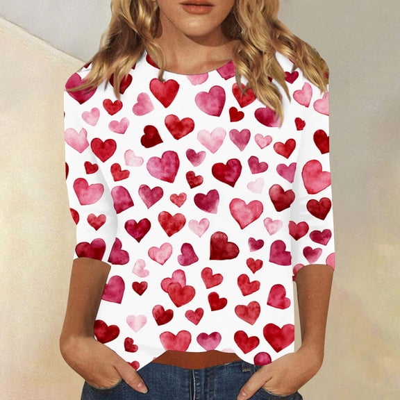 GILIGEGE Valentines Shirts for Women Dressy 3/4 Sleeve Tops Casual Cute Love Heart Print Crewneck T Shirts Loose Holiday Outfits 2026 Valentines Day Gifts Wine S