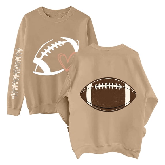 GILIGEGE Warm Fall Winter Football Themed Womens Sweatshirt,Front Heart Football Pattern & Back Retro Ball Print Crew Neck Pullover,Soft Breathable Oversized Long Sleeve Game Day Clothing Khaki 3XL
