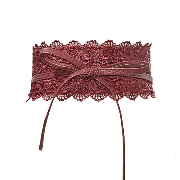 GILIGEGE Wide Belts for Women Thick Faux Leather Corset with Lace Up Wrap Style Womens Belt Fashion Obi Style Lace Bow Tie Wide Wrap Waist Belt Wine One Size