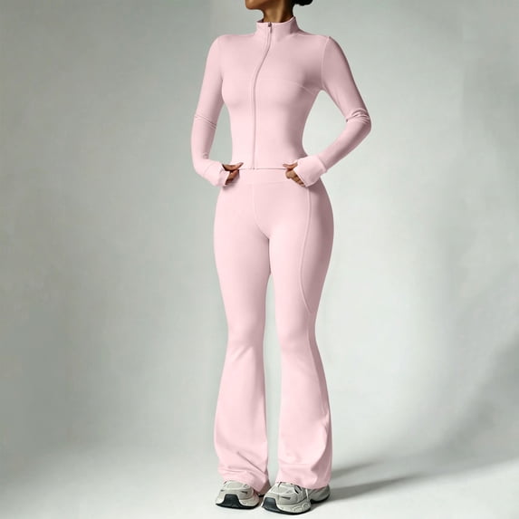 GILIGEGE Women 2 Piece Outfits Fall Long Sleeve Zip Up Tracksuit,workout sets,Thumbhole Jacket & High Waist Flare Leg Pants Set,Solid Color Slim Fit Outfit Active Suit for Workouts Pink S