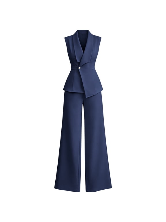 Women 2 Piece Suit Set,Pant Suits for Women,Sleeveless Blazer Vest Wide Leg Pantsuit Sets,Two Piece Outfit Professional Office Work Pantsuits Set,Business Casual Blazer Sets Navy L