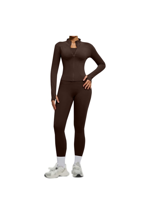 Women 2 Piece Tracksuit Zip Jacket High Waist Leggings Full Zip Long Sleeve Jacket With Thumb Hole High Waist Tummy Control Butt Lift Leggings Gym Yoga Outfit Workout Sets Coffee 2XL