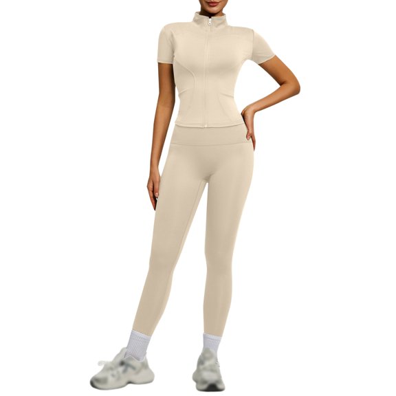 GILIGEGE Women 2 pieces Workout Sets,Full Zip Up Jacket High Waist Gym Leggings,Short Sleeve Crop Top Tracksuit Bodycon Matching Sweat Pants Sets,Compression Leggings Seamless Tracksuit Beige 2XL