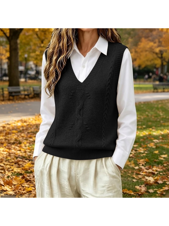 Women Cable Knitted Cotton V-Neck Vest,Pullover Sleeveless Sweater School Cardigan,Solid Classic Ribbed Preppy Tops,Relaxed Fit,Fall Outfits for Women 2026 Teacher Office Black