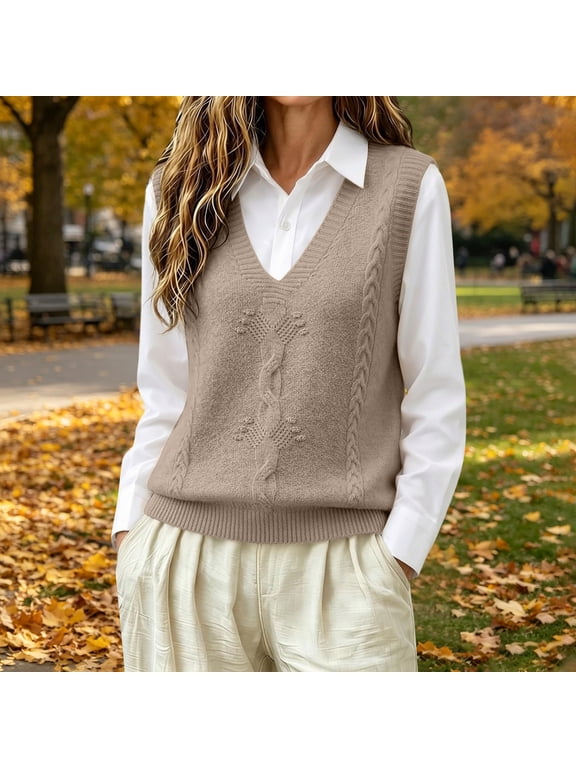 Women Cable Knitted Cotton V-Neck Vest,Pullover Sleeveless Sweater School Cardigan,Solid Classic Ribbed Preppy Tops,Relaxed Fit,Fall Outfits for Women 2026 Teacher Office Khaki