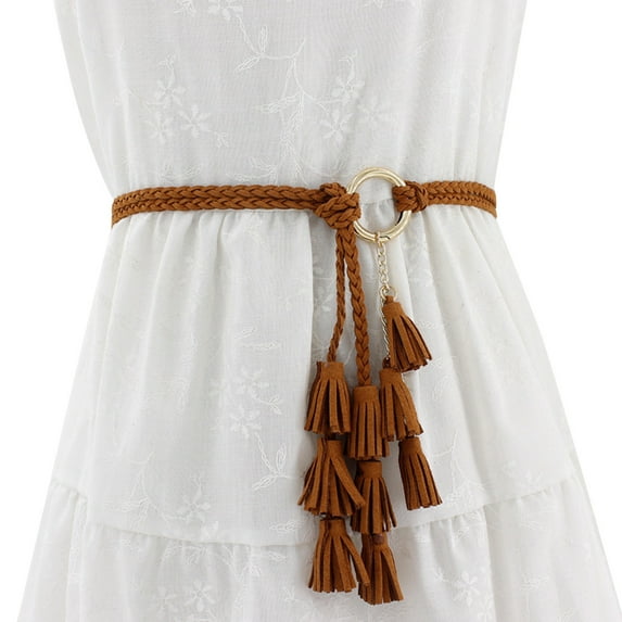 GILIGEGE Women Casual Knotted Braided Belt Fringe Waist Cord Belt Back Tassel Bohemian Style Waist Belt Women Casual Knotted Belt Fringe Waist Belt A One Size