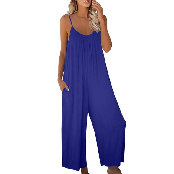 GILIGEGE Women Casual Overalls Jumpsuits Loose Sleeveless Spaghetti Strap Wide Leg Long Pants Romper with Pockets Women's Loose Jumpsuits Strap Stretchy Long Pant Romper Jumpsuit with Pockets