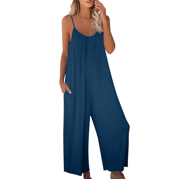 GILIGEGE Women Casual Overalls Jumpsuits Loose Sleeveless Spaghetti Strap Wide Leg Long Pants Romper with Pockets Women's Loose Jumpsuits Strap Stretchy Long Pant Romper Jumpsuit with Pockets