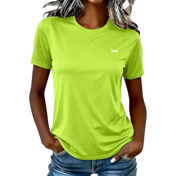 GILIGEGE Women Crew Neck Quick Dry Athletic T Shirt,Mesh Breathable Short Sleeve Workout Tee with Letter Print,UPF 50+ Athletic Shirts,Loose Lightweight Sports Top for Running Gym Hiking Green